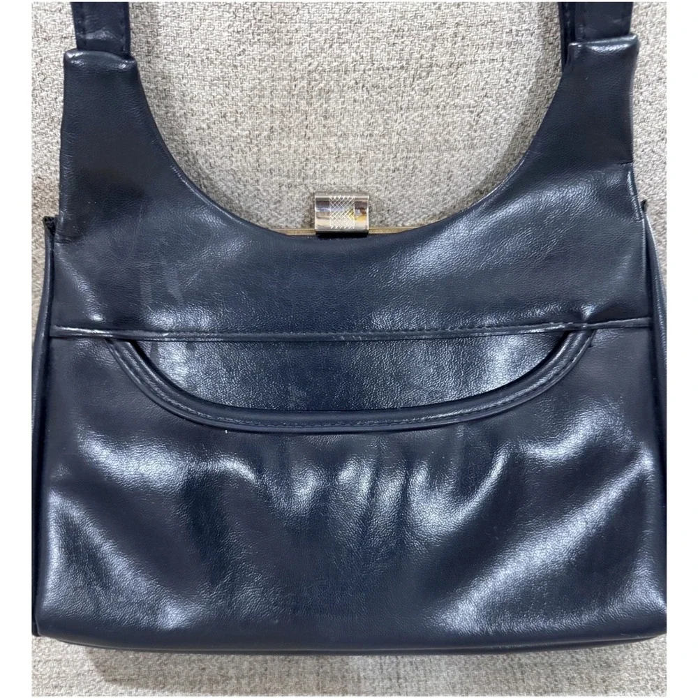 Vintage Navy Blue Faux Leather Shoulder Bag Gold Tone Minimalist